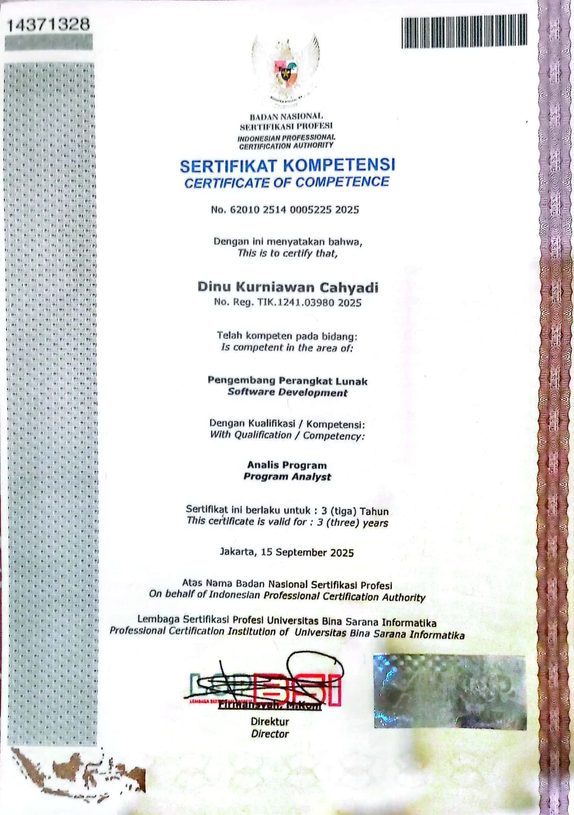 BNSP Sertifikat Kompetensi - Depan